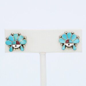 Vintage Handmade Zuni Silver With Multicolor Inlay Sunface Harmony Post Earrings